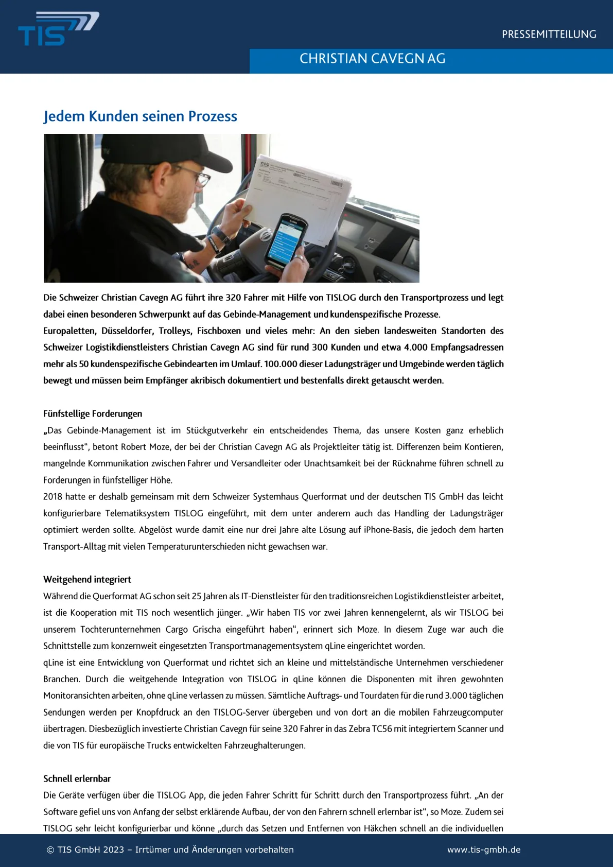 TIS Pressemitteilung Cavegn Transport Schweiz