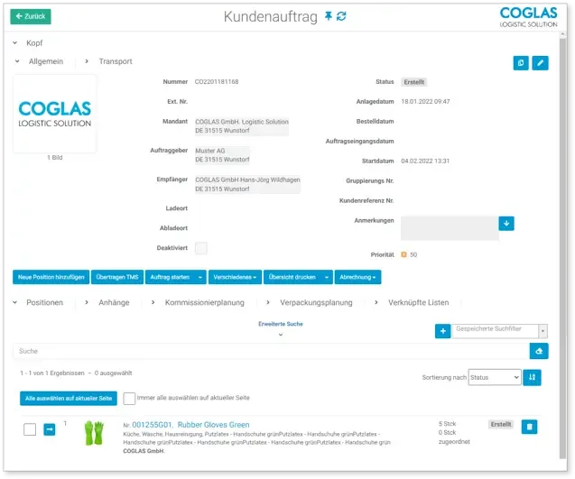 COGLAS WEB WMS: Kundenauftrag mit Auftragsdetails, Positionen und Bearbeitungsstatus