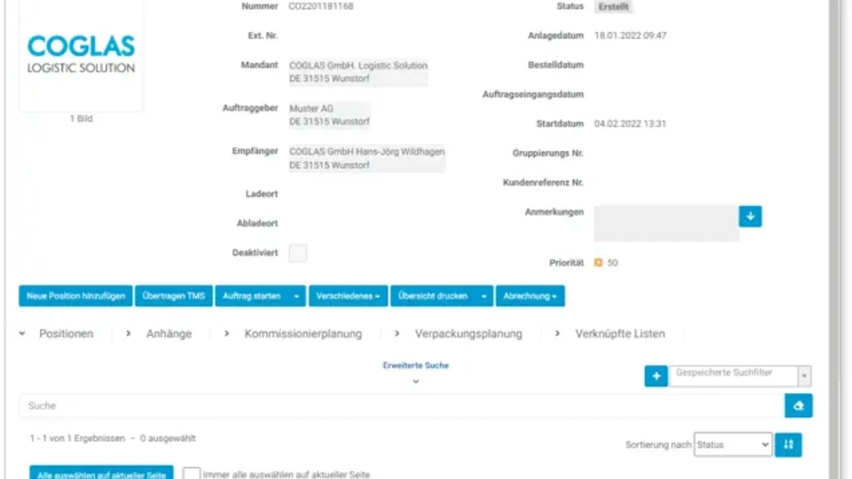 Auftragsdetailansicht der COGLAS Logistic Solution Software mit Auftragsnummer, Mandanten- und Empfängerdaten sowie Statusanzeige.